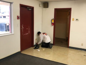 We gave a makeover to this Lutheran Church school. We redid the bathroom and flooring as well as painted the cabinets and doors.